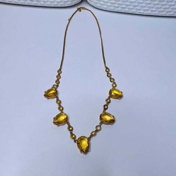 J.CREW Citrine Beveled Glass Necklace, 5 Panels, Gold Tone, Chunky Vintage - Picture 3 of 8